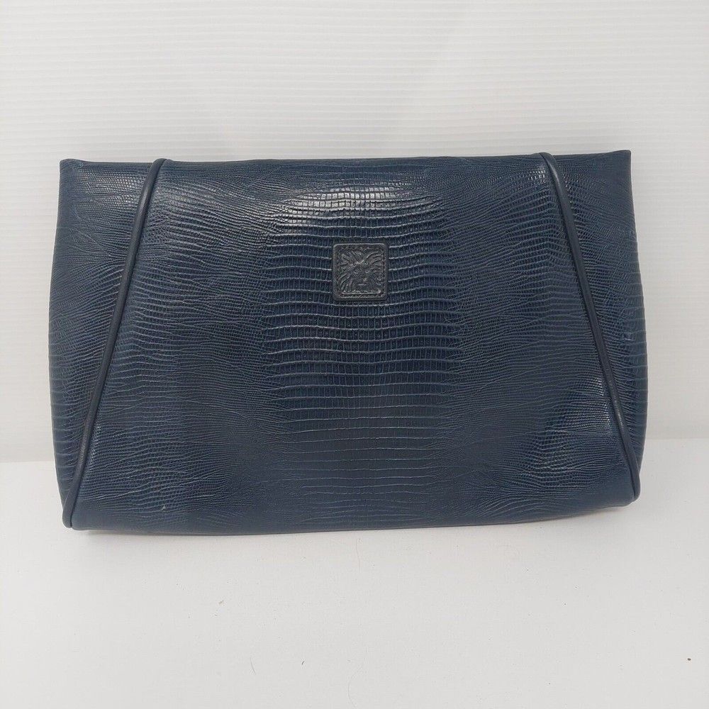 Anne Klein Blue Snakeskin Embossed Leather Magnetic Clutch Crossbody Bag
